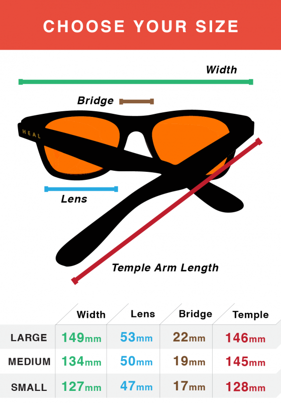 Official H.E.A.L sizing chart showing width, lens, bridge and temple measurements